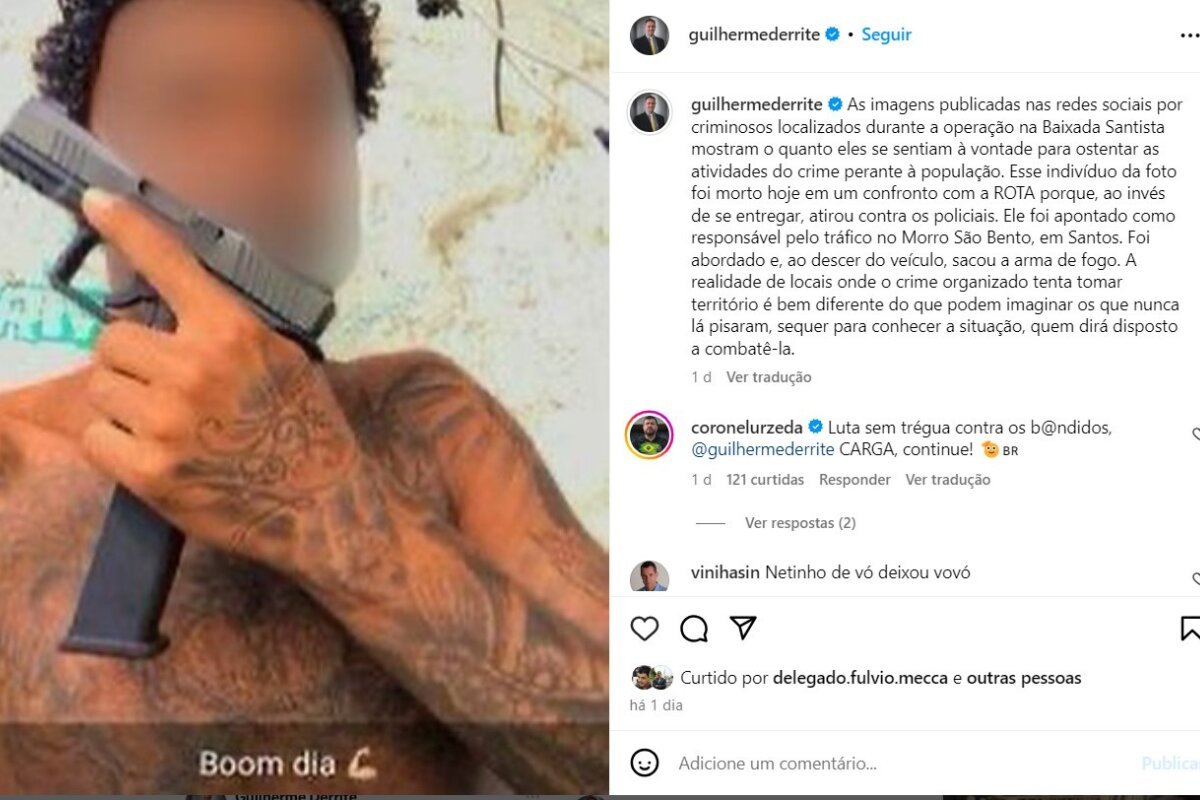 Reprodução de página do Instagram com homem segurando pistola com o rosto encoberto com blur - Metrópoles