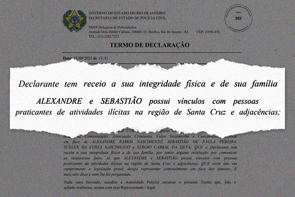 Captura de tela com arte de documento de depoimento de dono de empresa de internet suspeita de lavagar dinheiro da milícia - Metrópoles