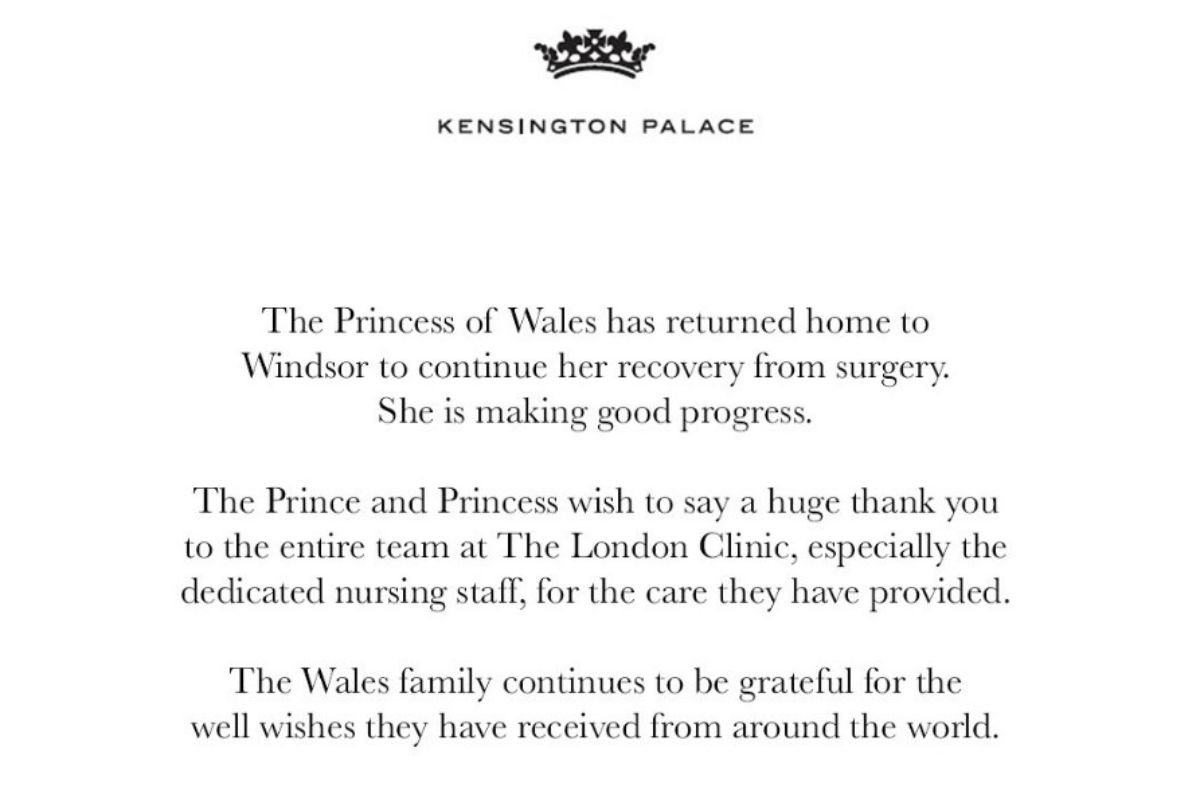 comunicado Palácio de Kensington sobre alta de Kate Middleton